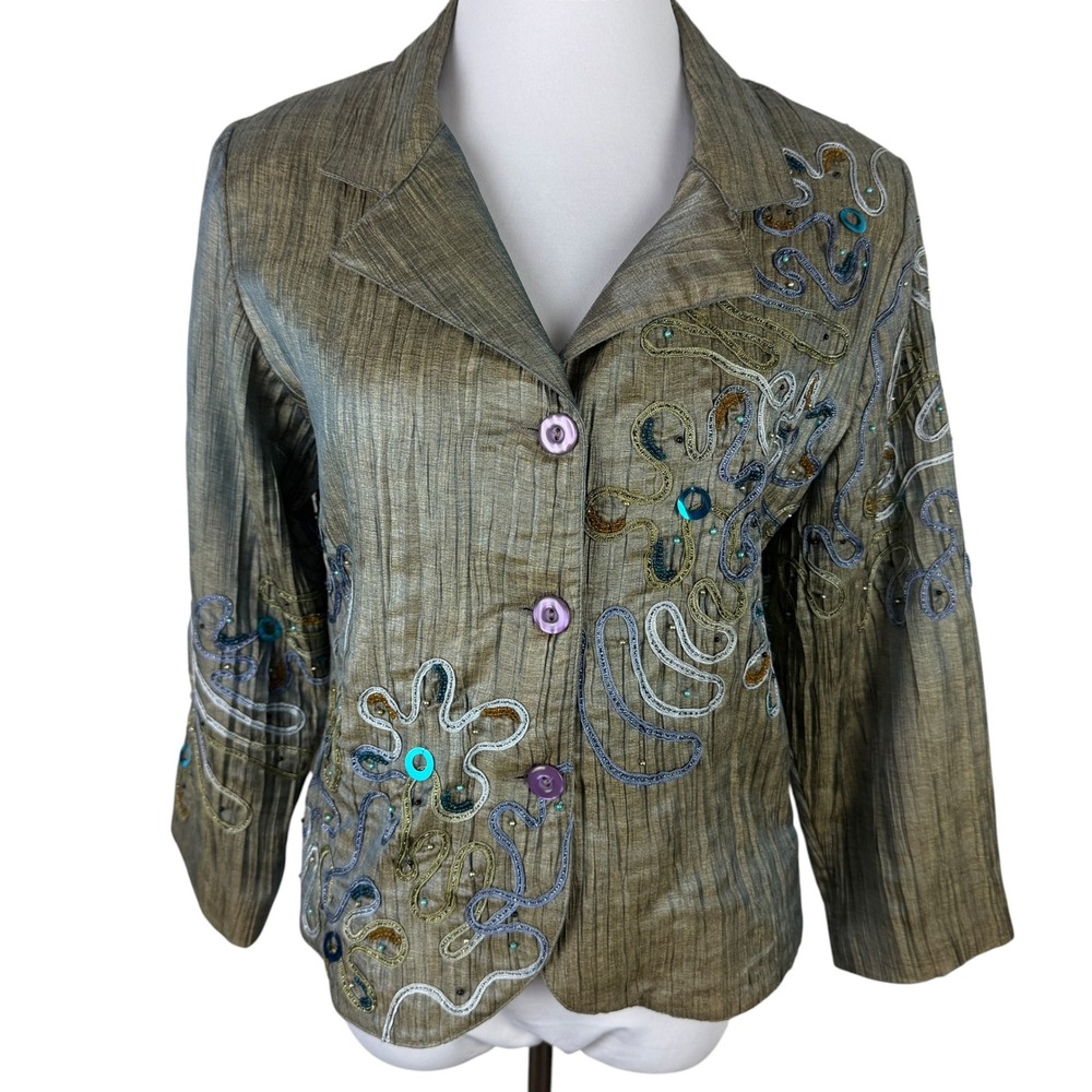 Anage Women's Medium Embroidered Sequin Blazer Jacket Bronze Green Floral Lining